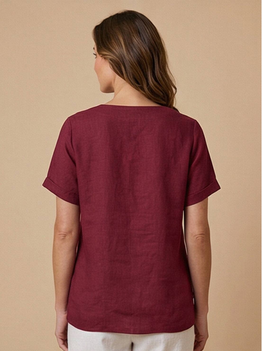 Foreen | Women's Casual Short Sleeve Top with Scoop Neck and Button Details