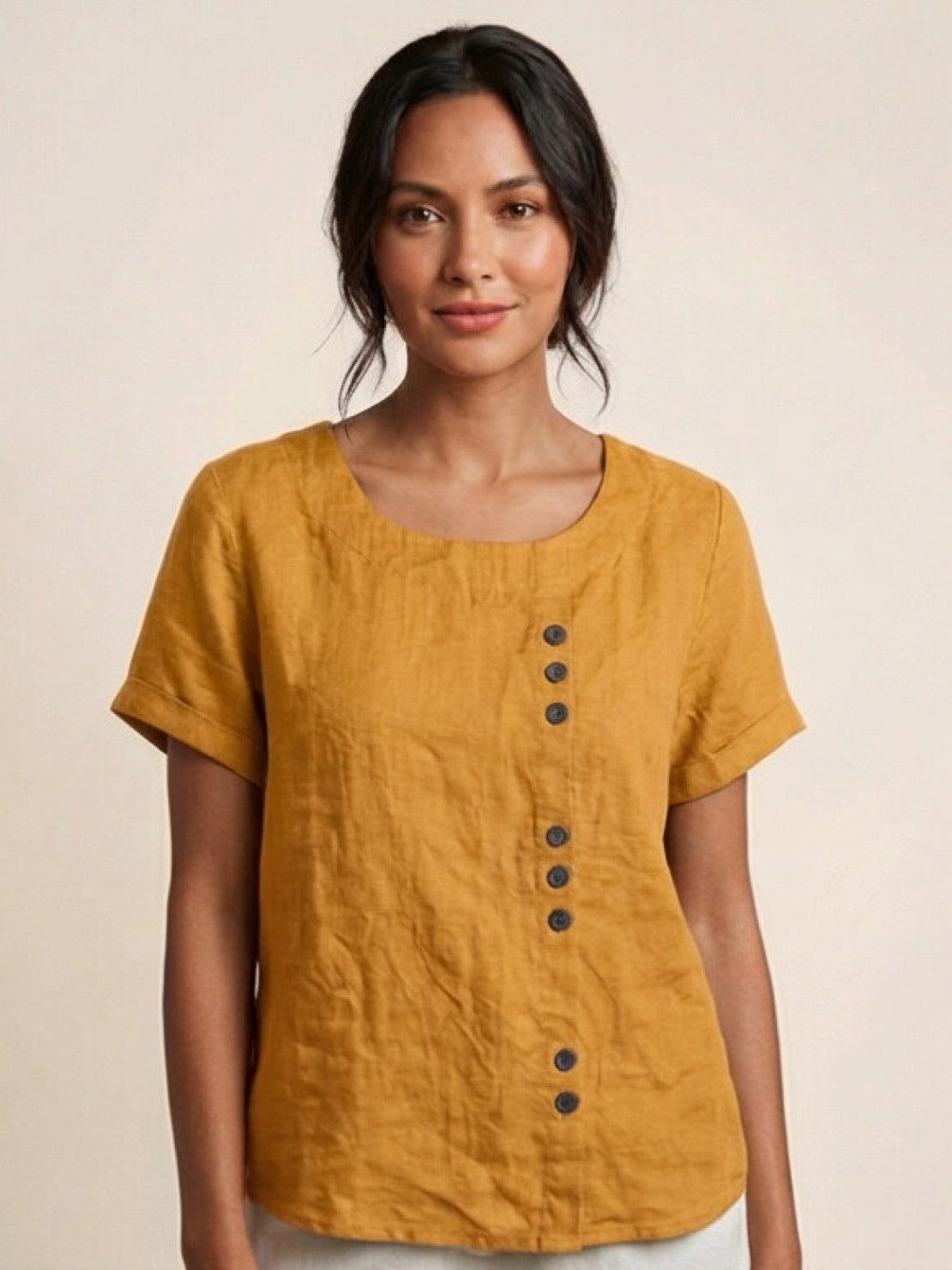 Foreen | Women's Short Sleeve Scoop Neck Top with Button Details