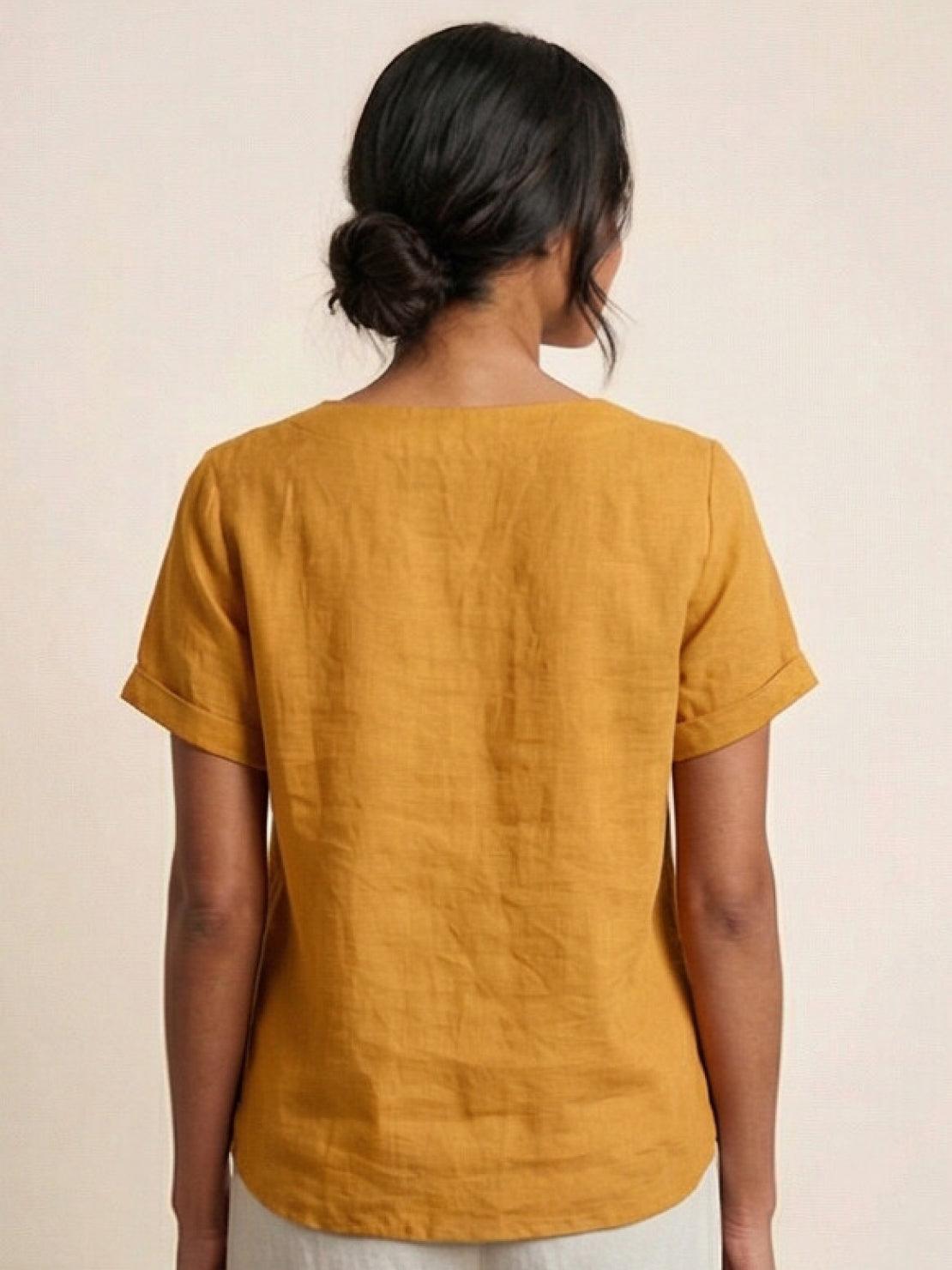 Foreen | Women's Short Sleeve Scoop Neck Top with Button Details