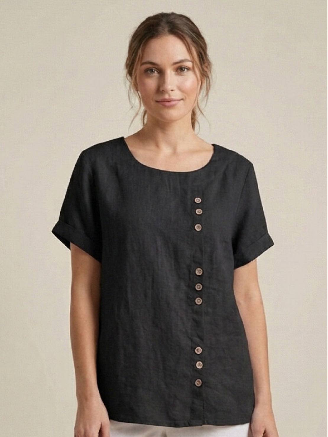 Foreen | Women's Casual Short Sleeve Top with Scoop Neck and Button Details