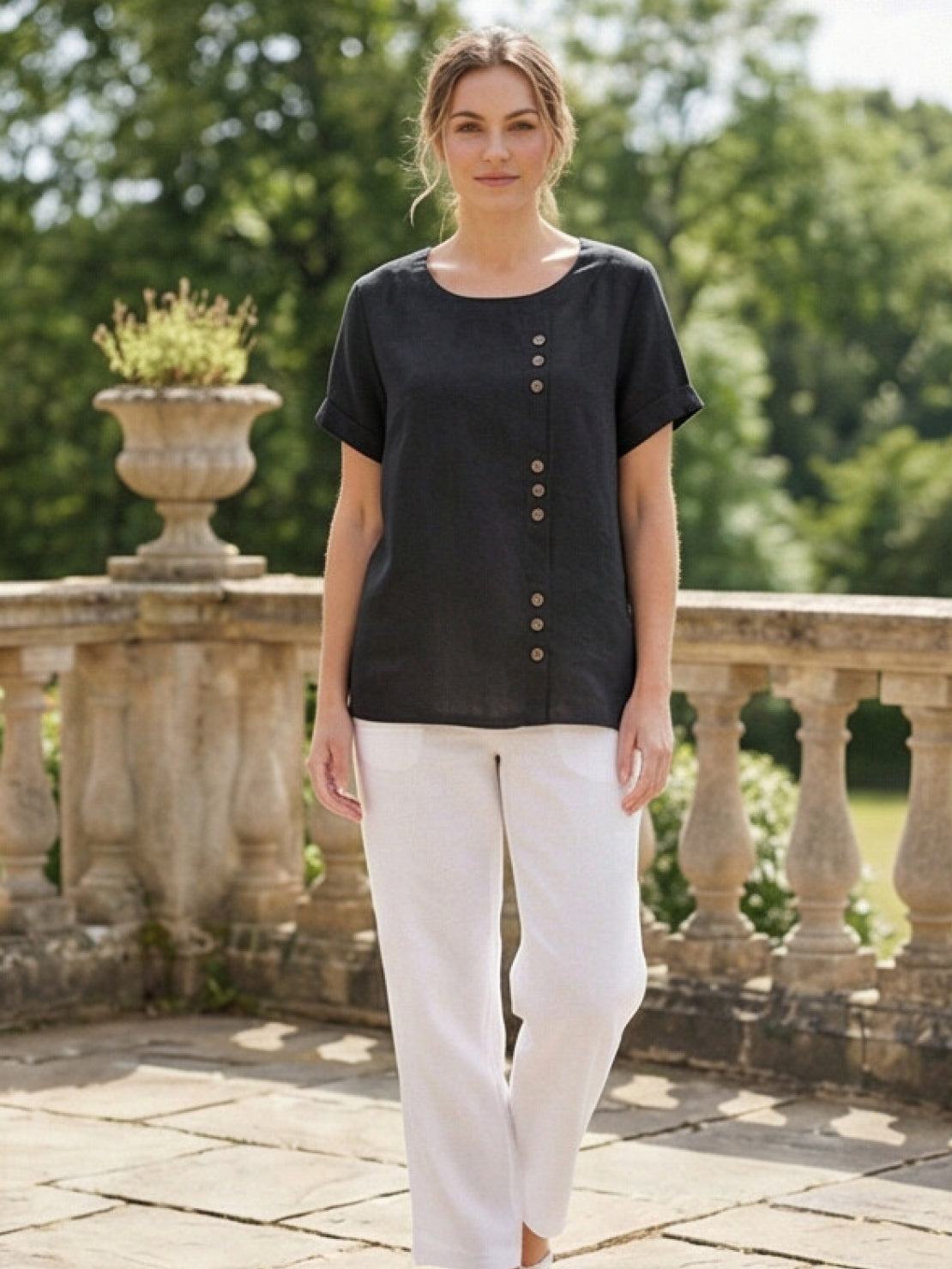 Foreen | Women's Casual Short Sleeve Top with Scoop Neck and Button Details