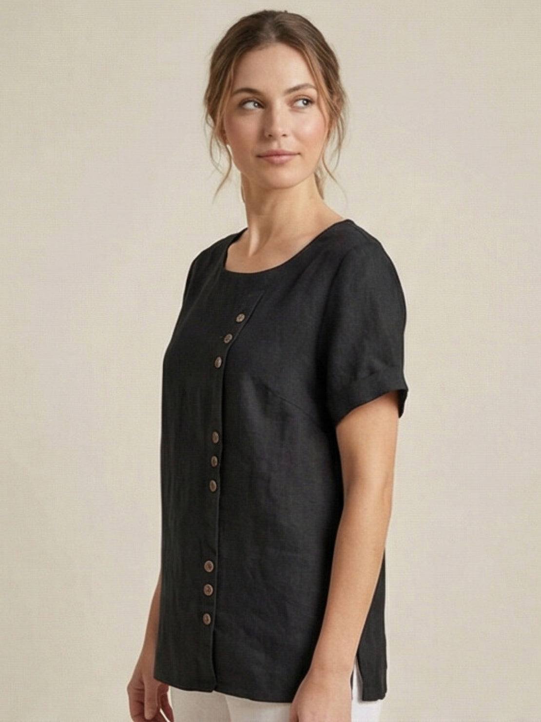 Foreen | Women's Casual Short Sleeve Top with Scoop Neck and Button Details