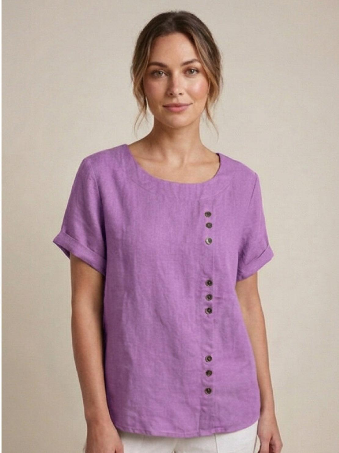 Foreen | Women's Short Sleeve Scoop Neck Top with Button Details