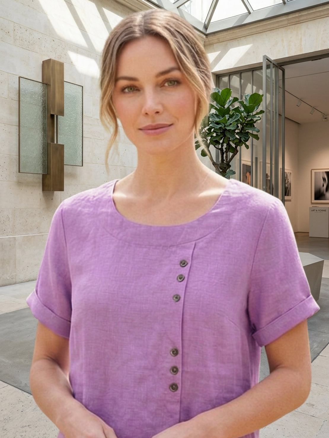 Foreen | Women's Casual Short Sleeve Top with Scoop Neck and Button Details