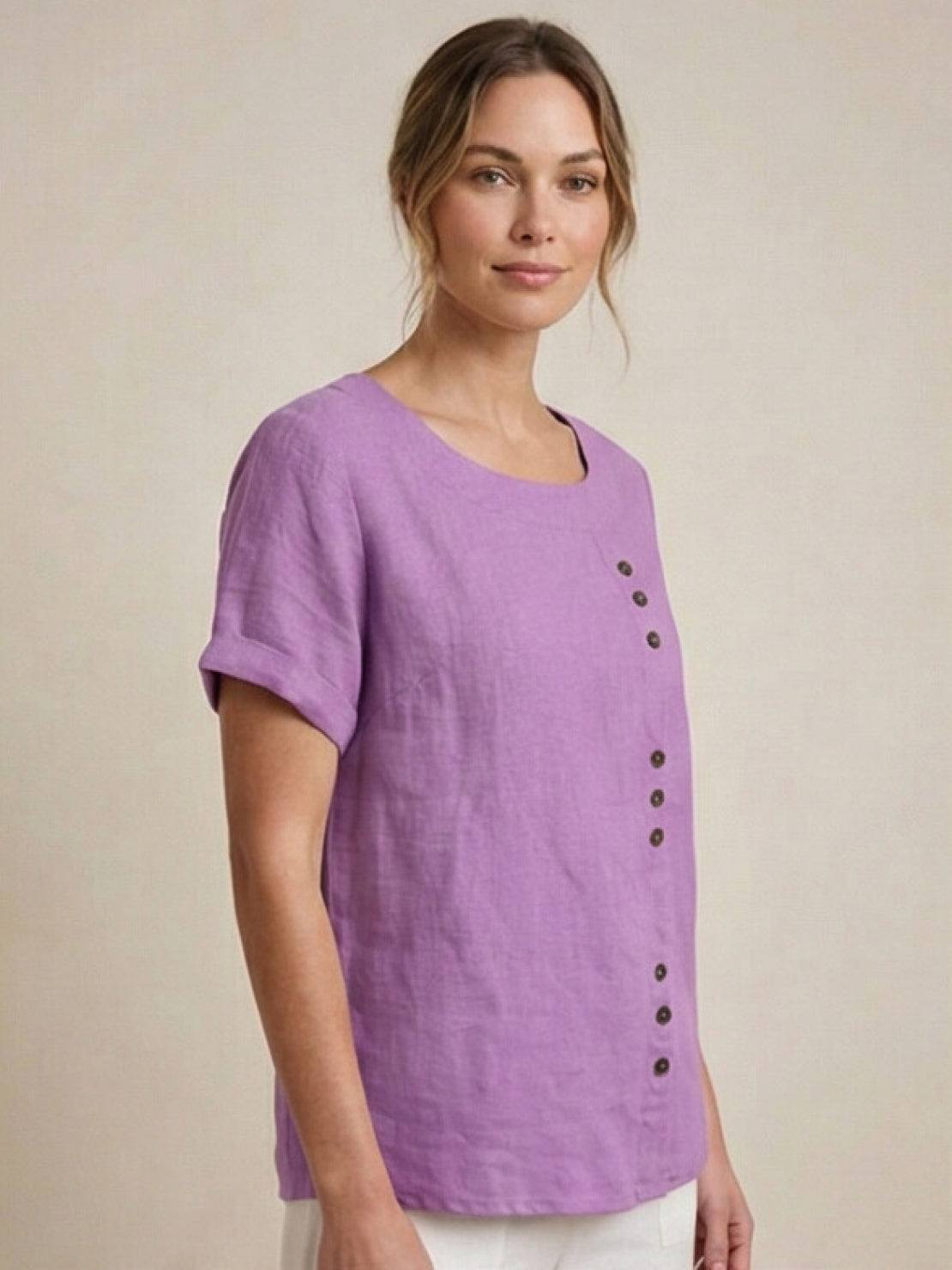 Foreen | Women's Casual Short Sleeve Top with Scoop Neck and Button Details