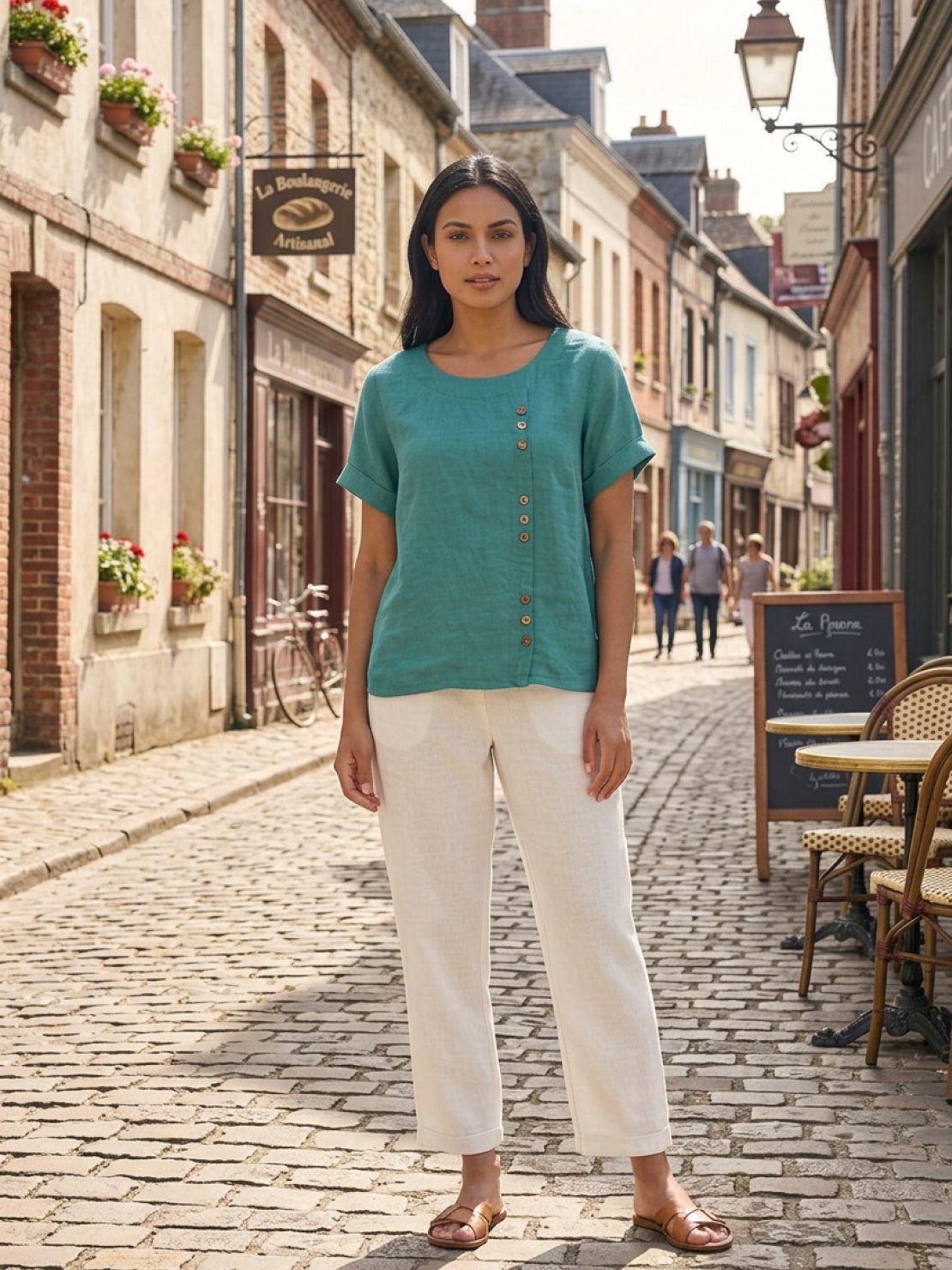 Foreen | Women's Casual Short Sleeve Top with Scoop Neck and Button Details