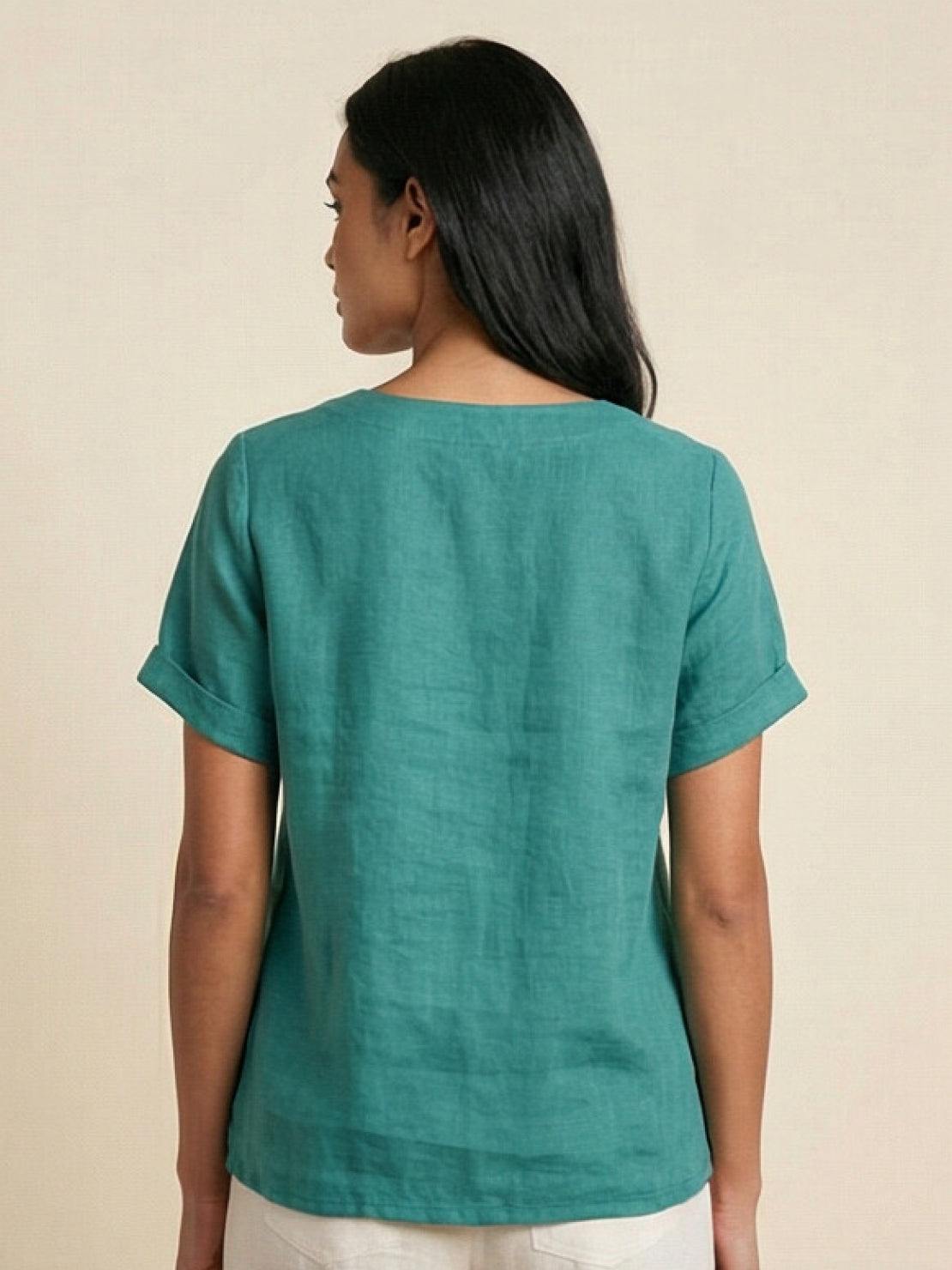 Foreen | Women's Casual Short Sleeve Top with Scoop Neck and Button Details