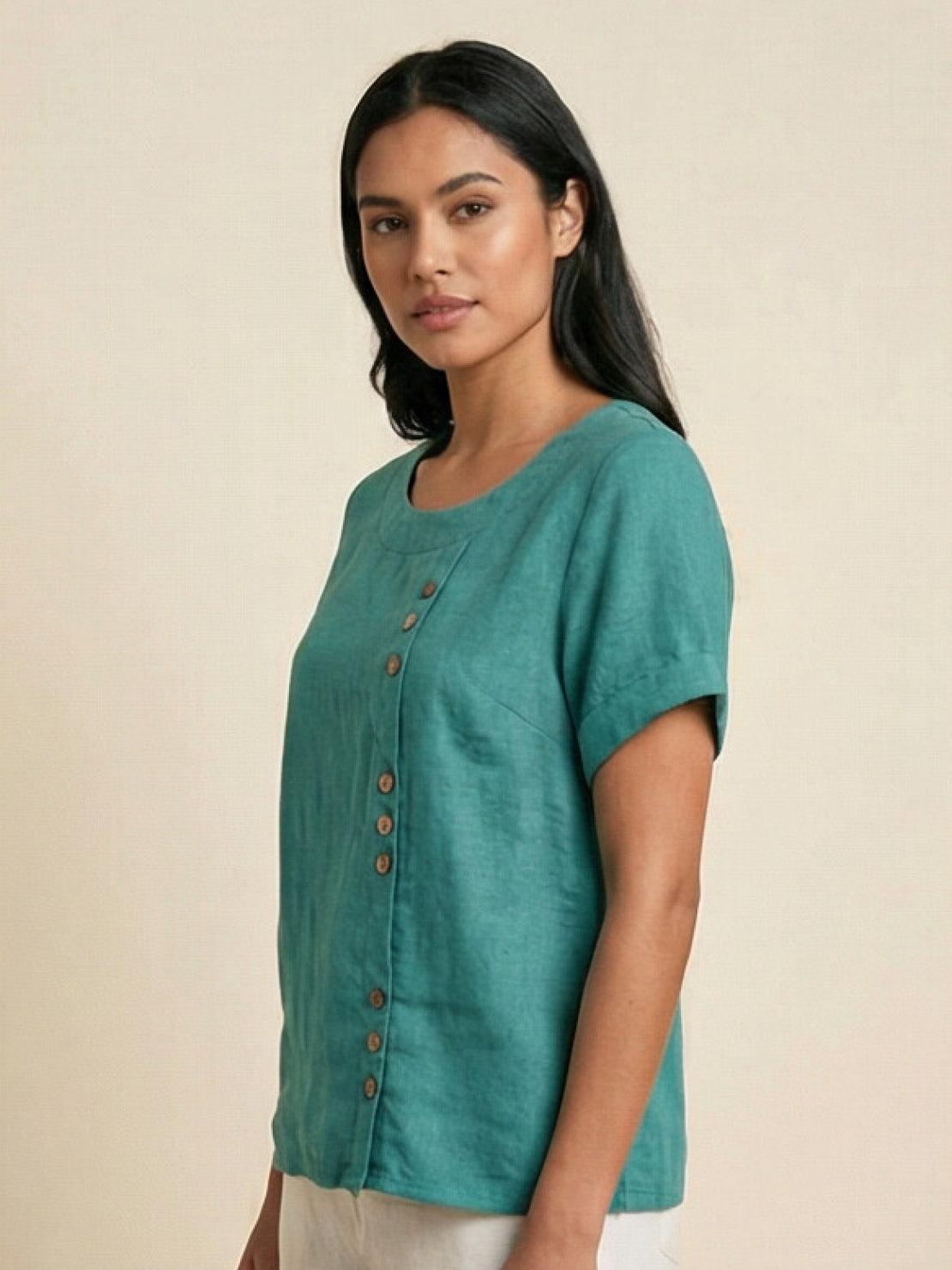 Foreen | Women's Short Sleeve Scoop Neck Top with Button Details
