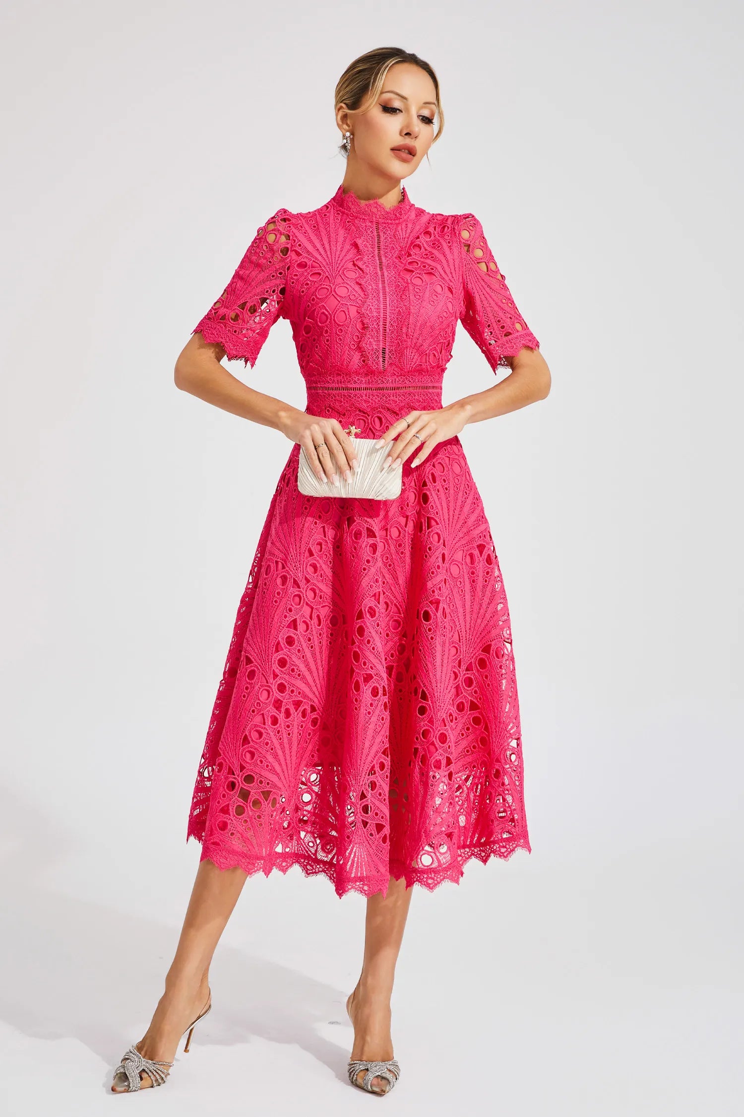 Rosalinda | Women's Short Sleeve Midi Dress with Mock Neck