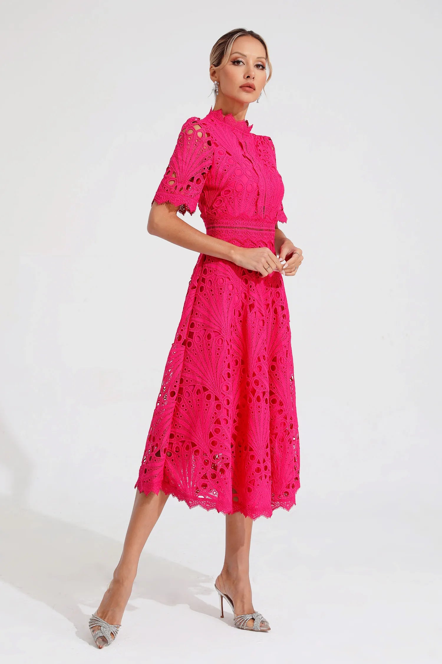 Rosalinda | Women's Short Sleeve Midi Dress with Mock Neck