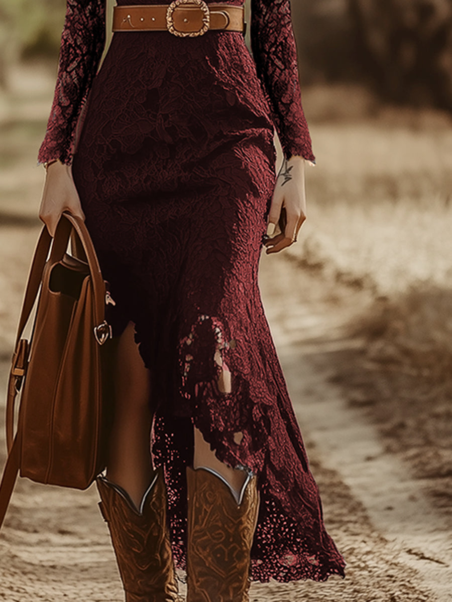 Rosemary | Women's Lace Midi Dress with Long Sleeves and V-Neck