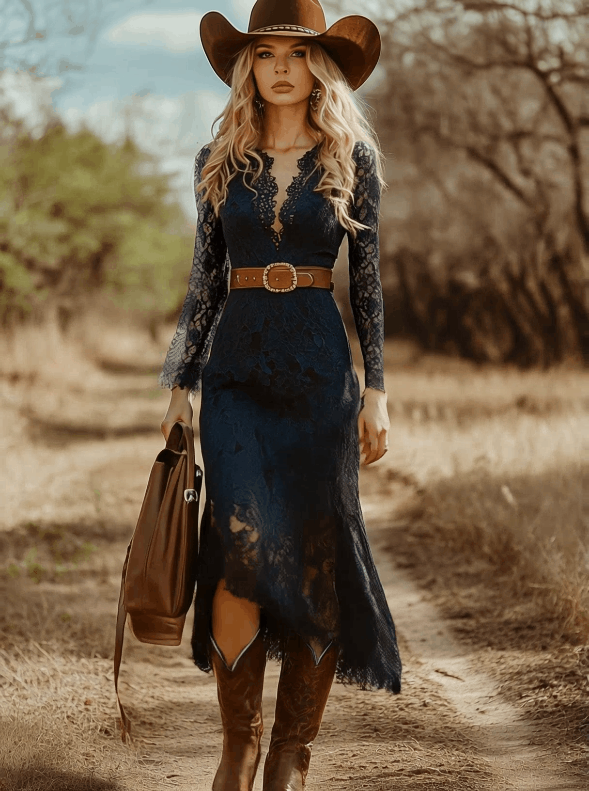Rosemary | Women's Lace Midi Dress with Long Sleeves and V-Neck
