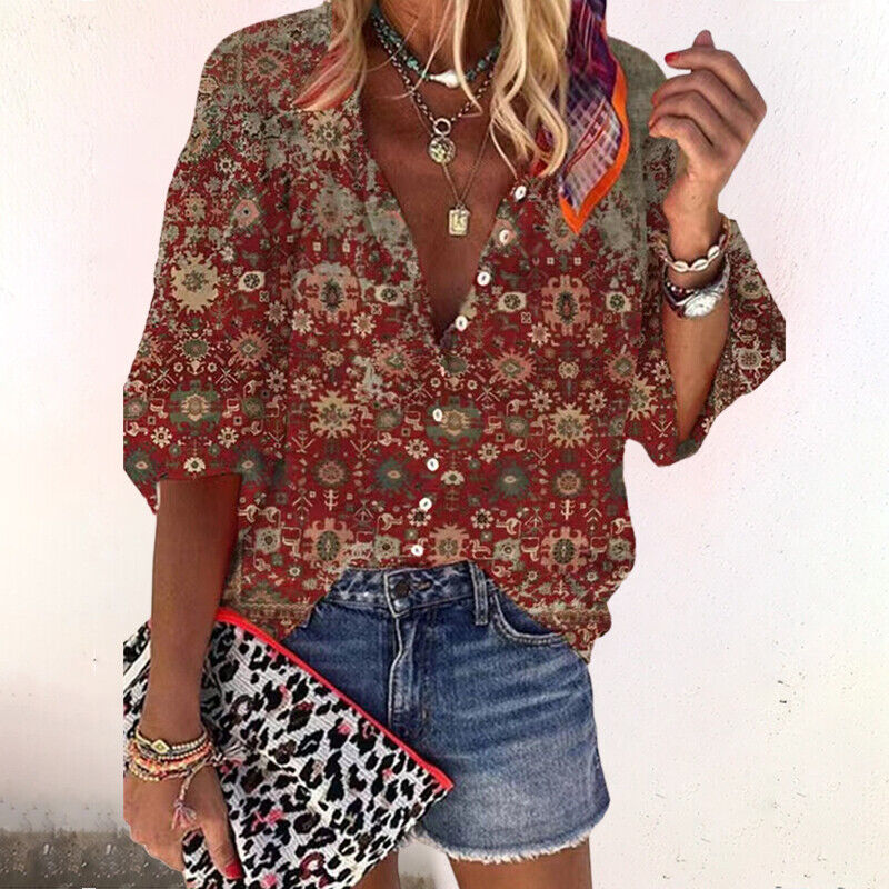 Zara | Women's V-Neck Long Sleeve Boho Print Blouse with Button Closure
