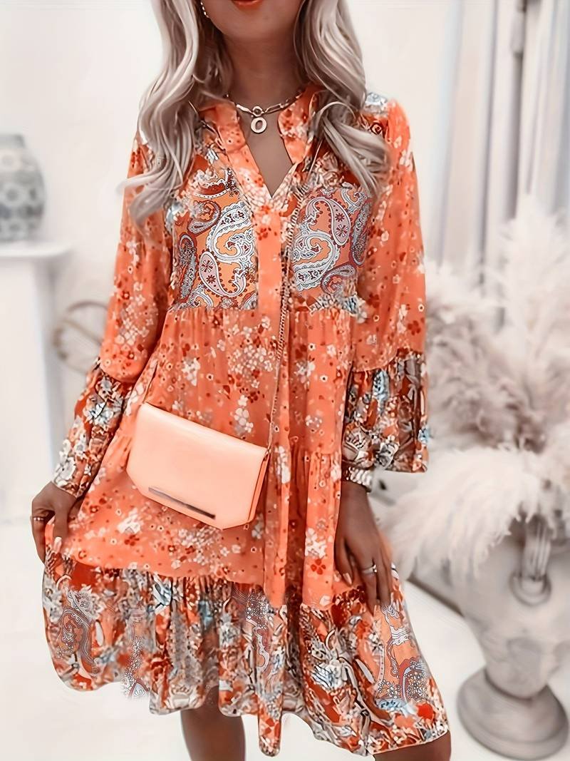 Seraphine | Women's Tiered Midi Dress with Floral Print and V-Neck Long Sleeves