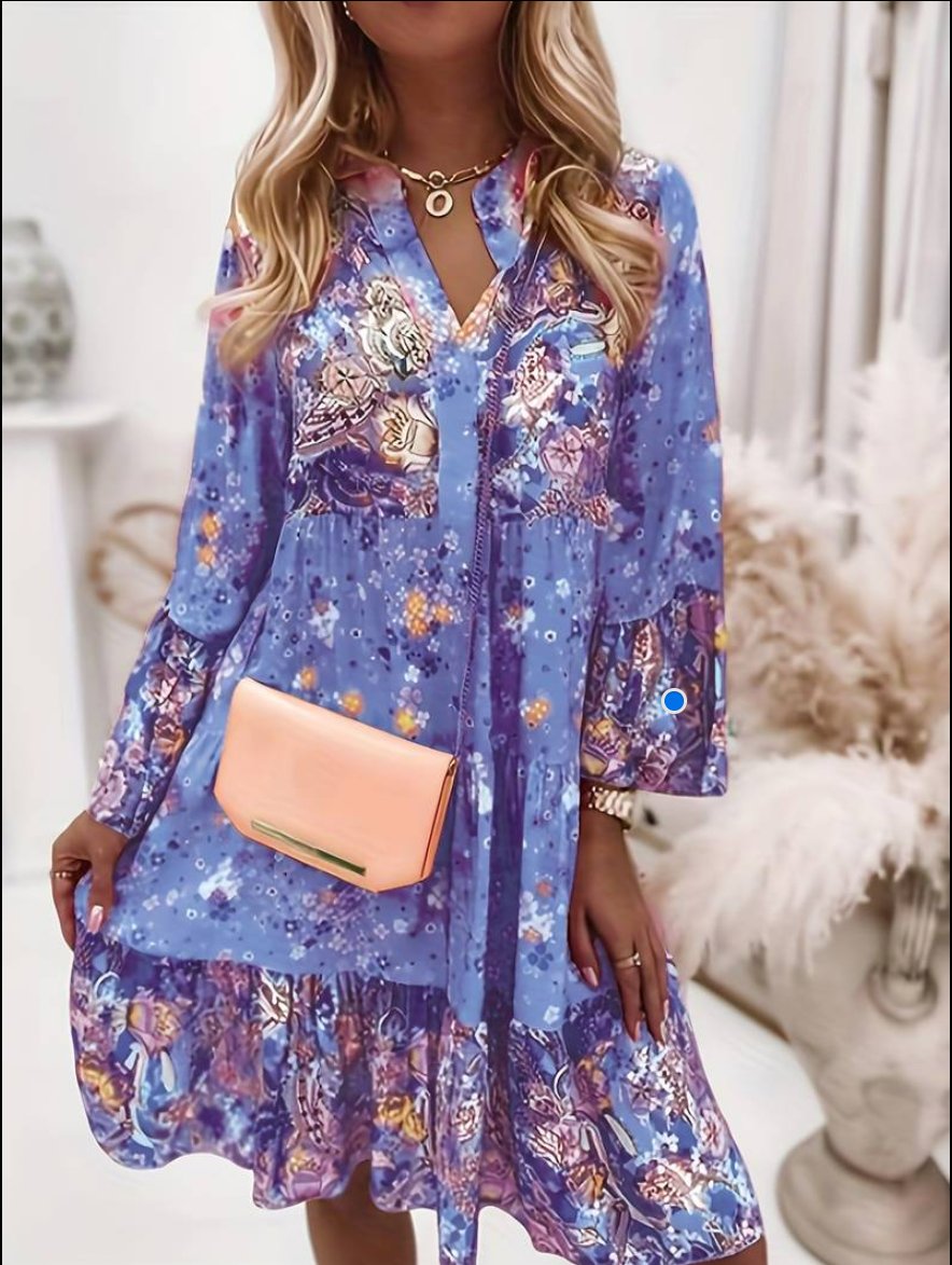 Seraphine | Women's Tiered Midi Dress with Floral Print and V-Neck Long Sleeves