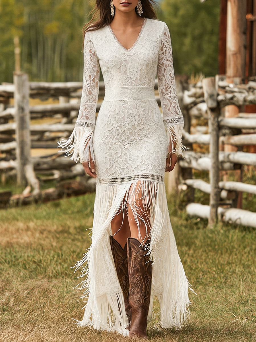 Serenity | Women's Long Sleeve V-Neck Maxi Dress with Tassels