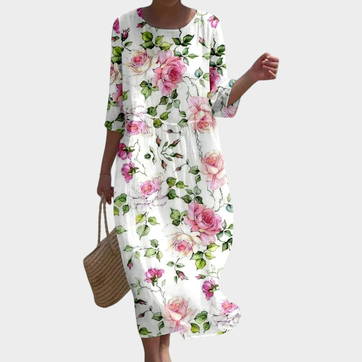 Women’s Floral Midi Dress with Round Neck and 3/4 Sleeves