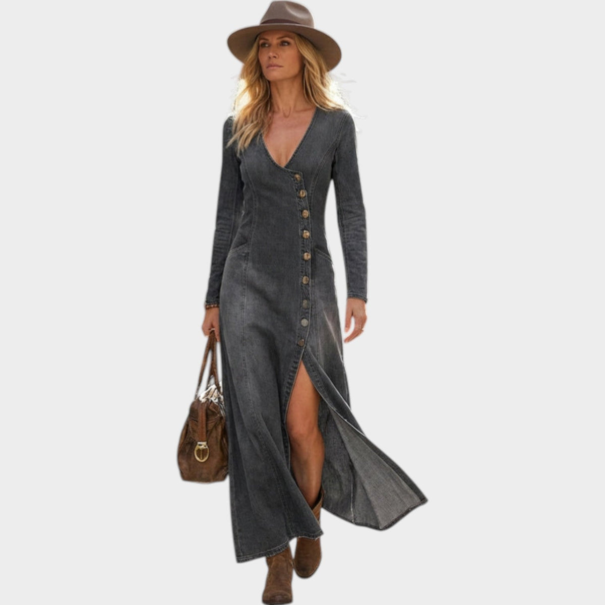 Women's Denim Maxi Dress V Neck Button-Down