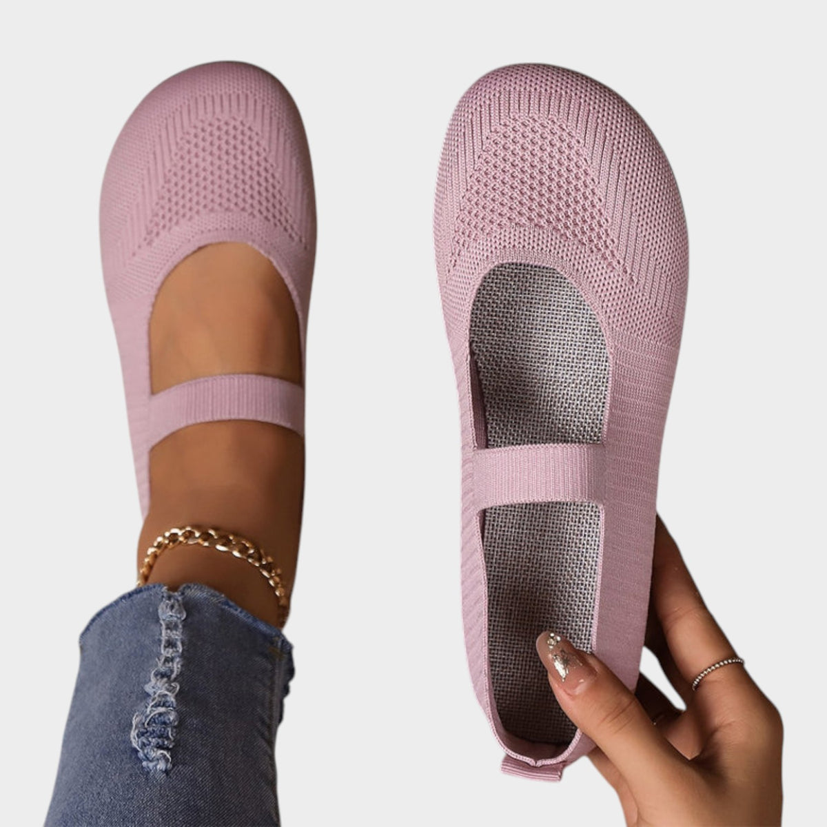 Women’s Knit Ballet Flats Breathable Mesh Elastic Strap Cushioned Insole