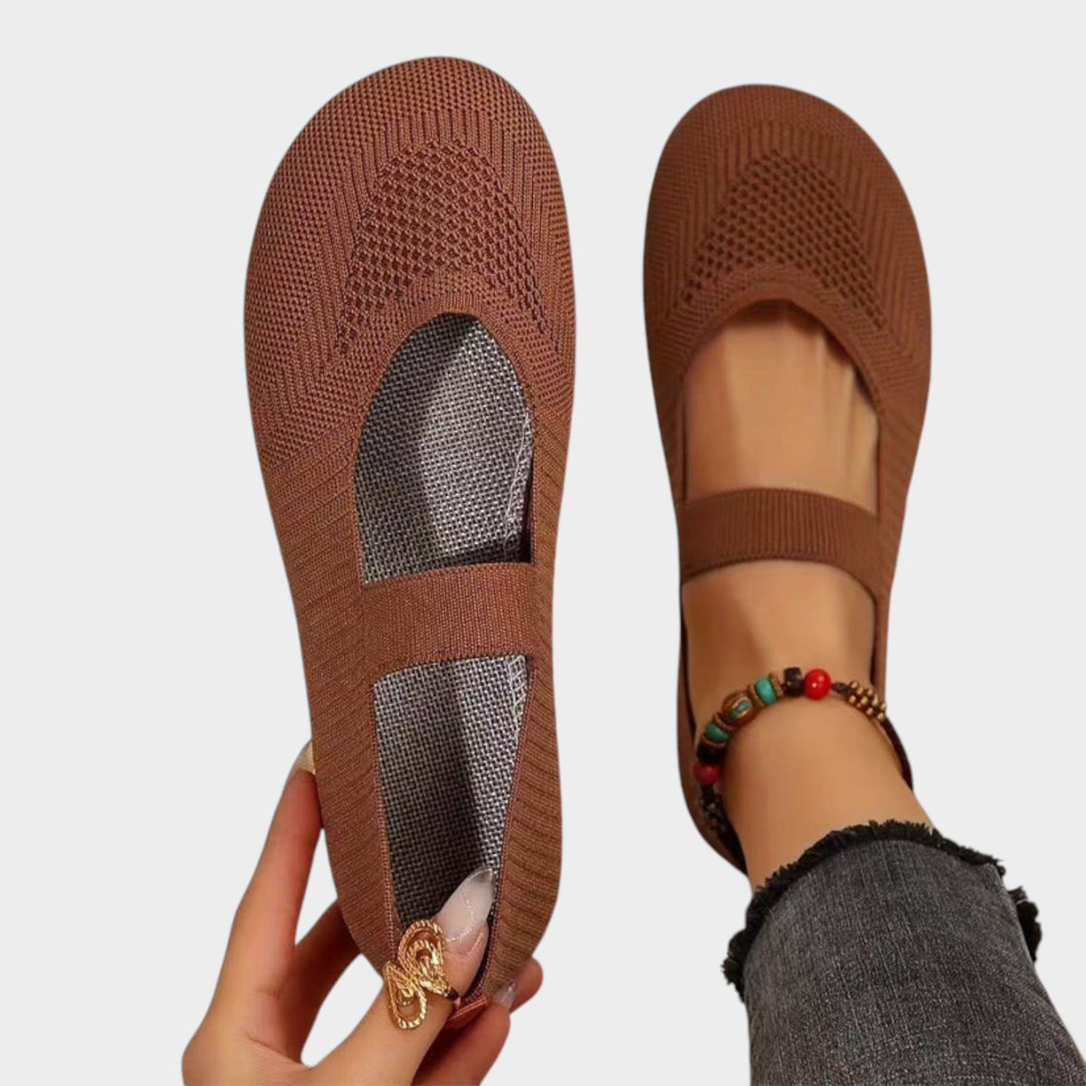 Women’s Knit Ballet Flats Breathable Mesh Elastic Strap Cushioned Insole