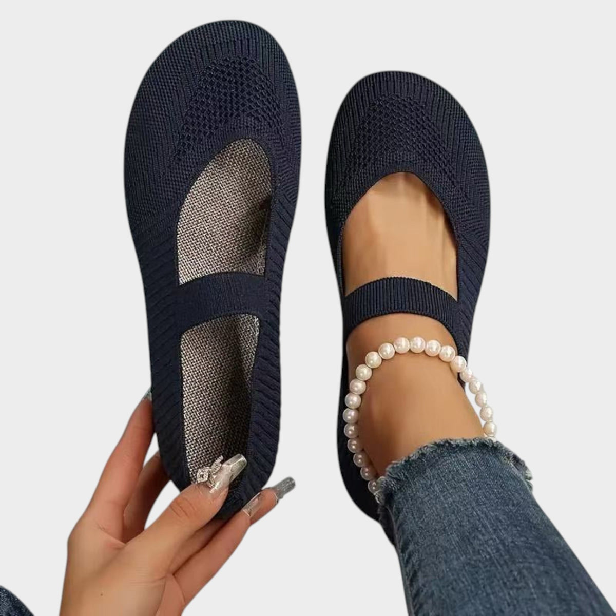 Women’s Knit Ballet Flats Breathable Mesh Elastic Strap Cushioned Insole