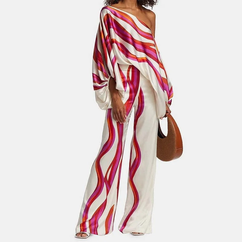 Wave | Women's Off-Shoulder Printed Two-Piece Set with Wide-Leg Pants