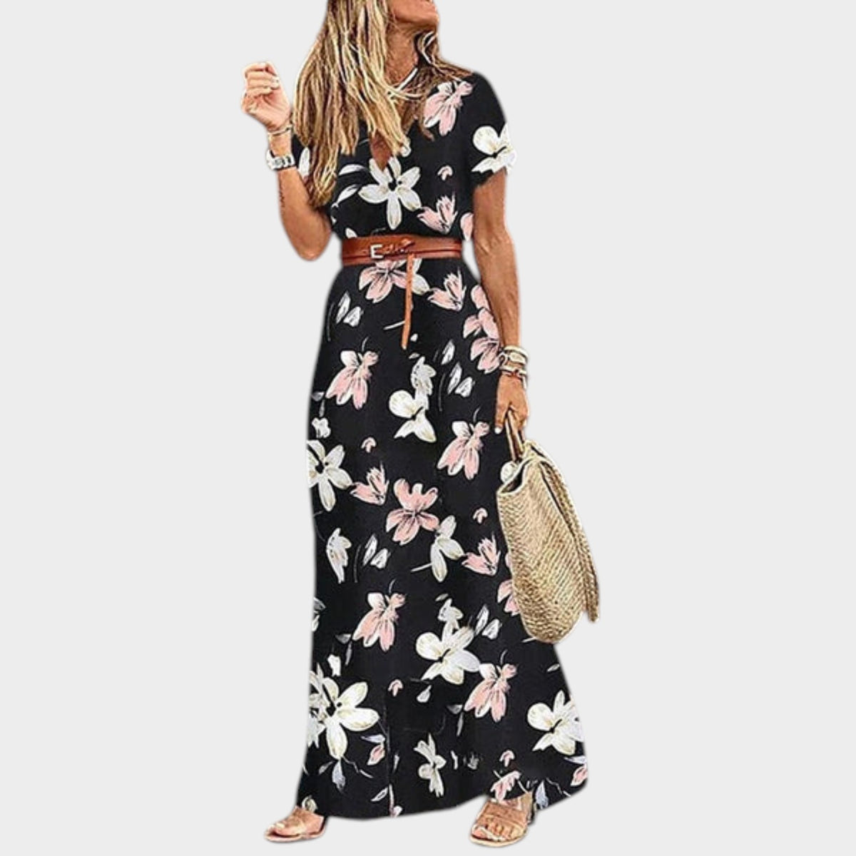 Women’s Floral Maxi Dress with V-Neck, Short Sleeves and Matching Belt
