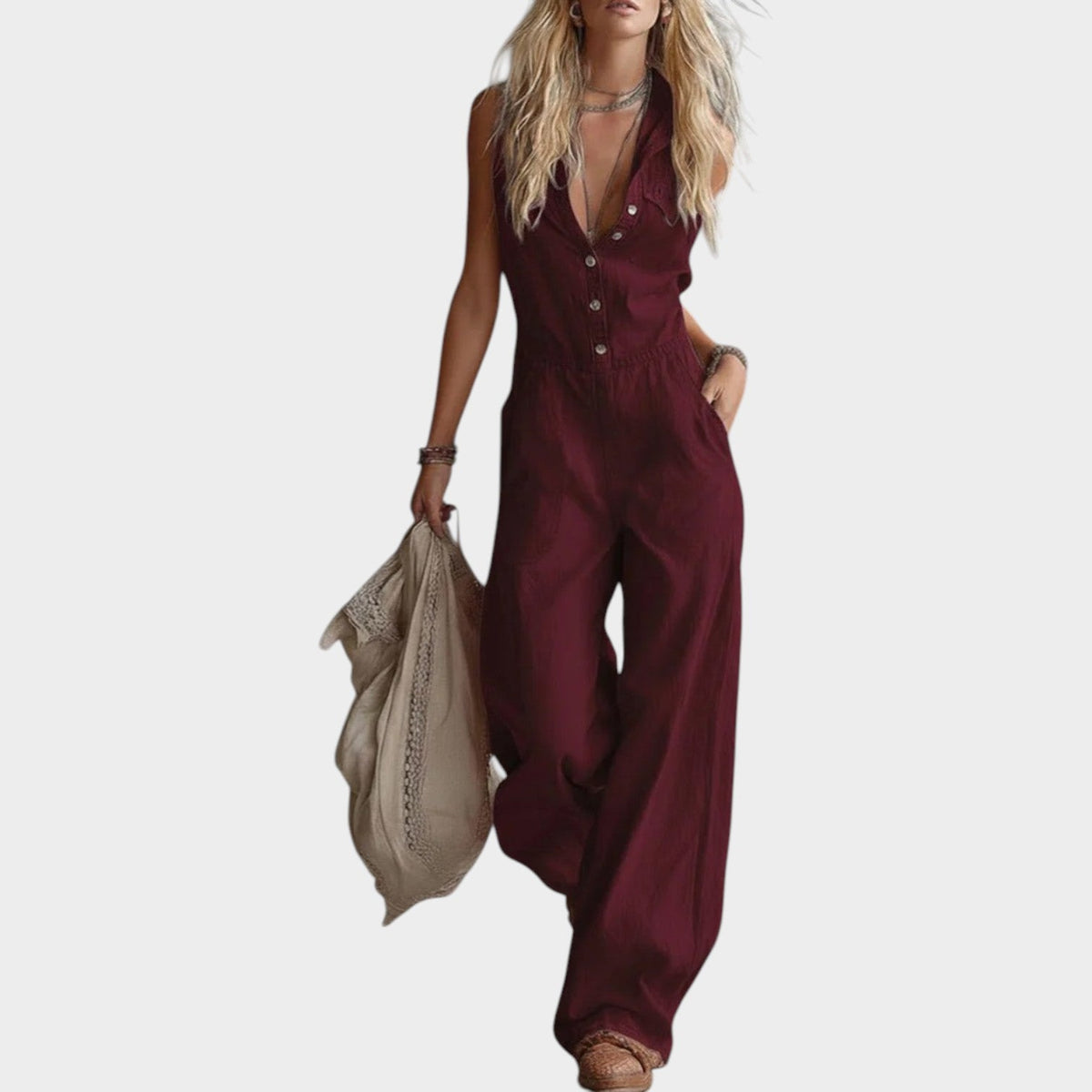 Women's Linen Sleeveless Wide Leg Jumpsuit