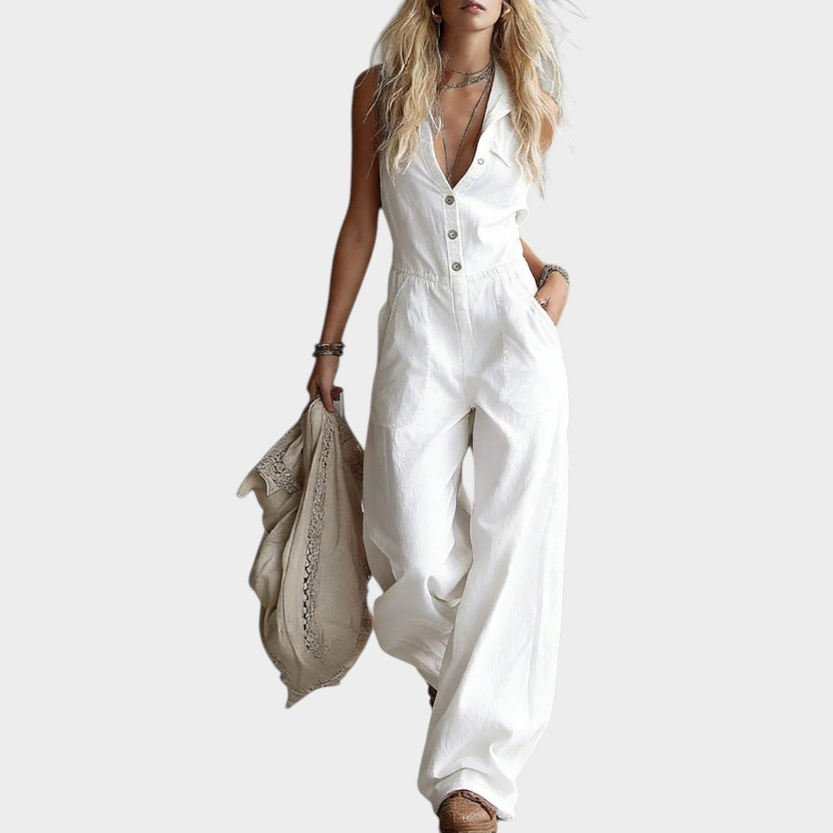 Women's Linen Sleeveless Wide Leg Jumpsuit