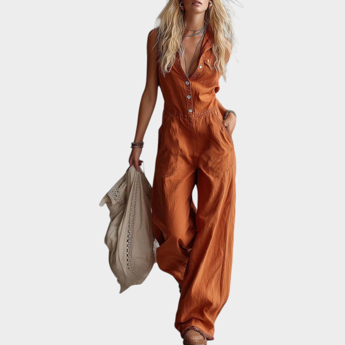 Women's Linen Sleeveless Wide Leg Jumpsuit