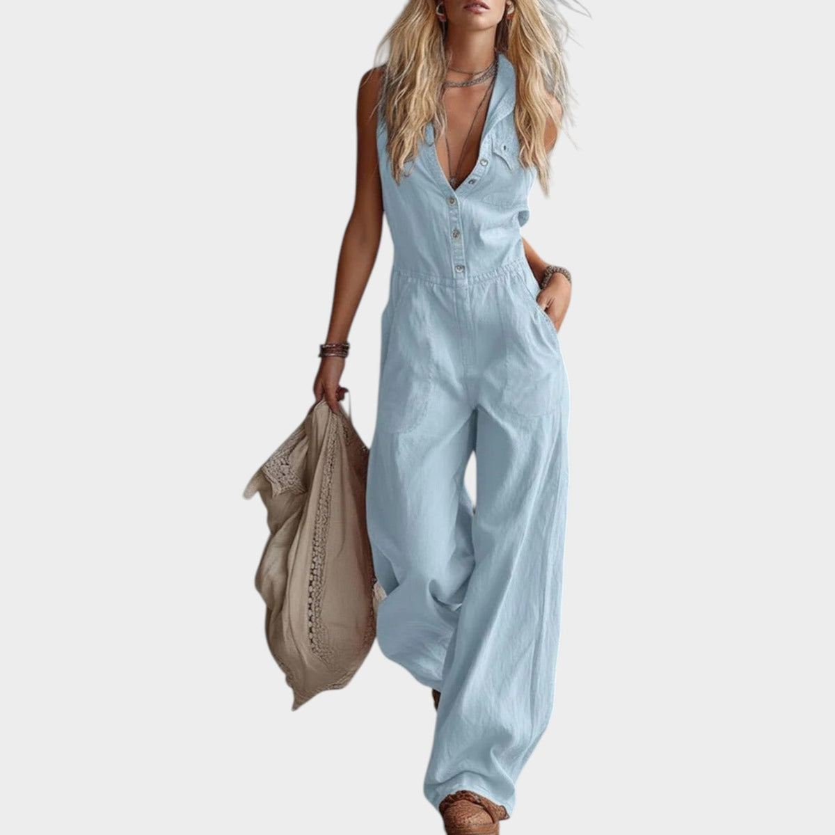 Women's Linen Sleeveless Wide Leg Jumpsuit