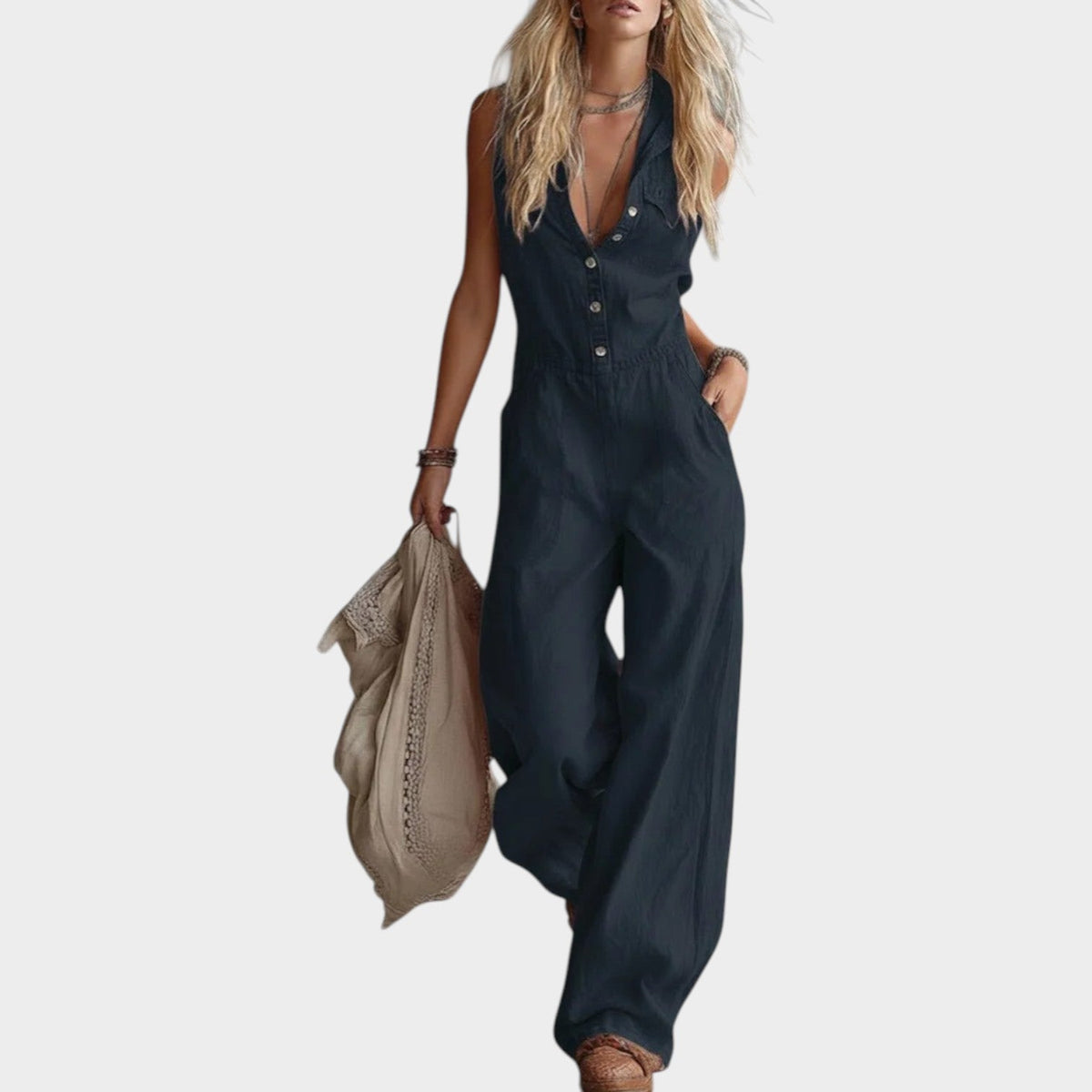 Women's Linen Sleeveless Wide Leg Jumpsuit