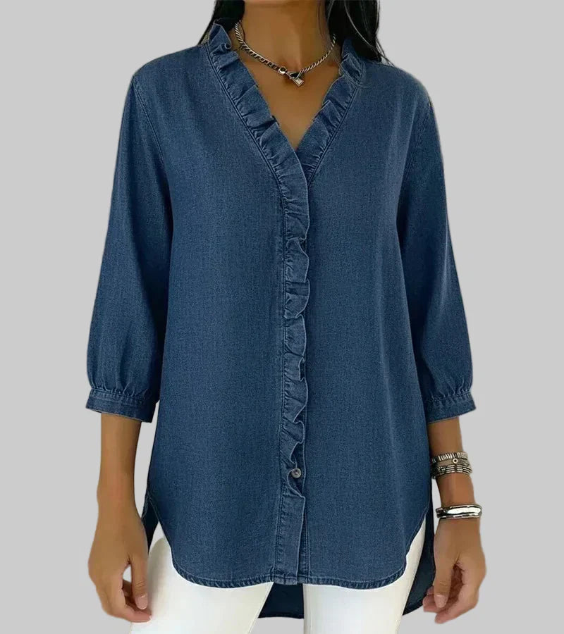 Zara | Women's 3/4 Sleeve V-Neck Blouse with Ruffle Details