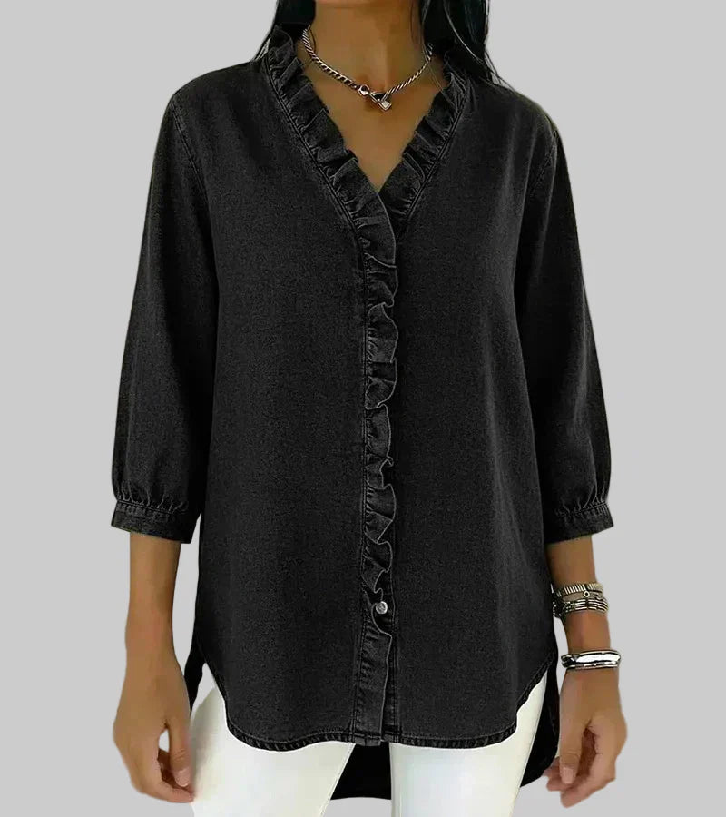 Zara | Women's 3/4 Sleeve V-Neck Blouse with Ruffle Details