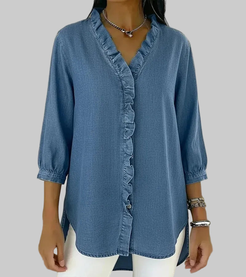 Zara | Women's 3/4 Sleeve V-Neck Blouse with Ruffle Details