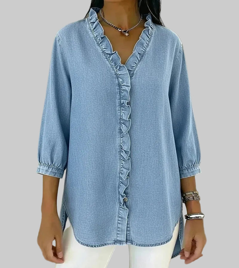 Zara | Women's 3/4 Sleeve V-Neck Blouse with Ruffle Details