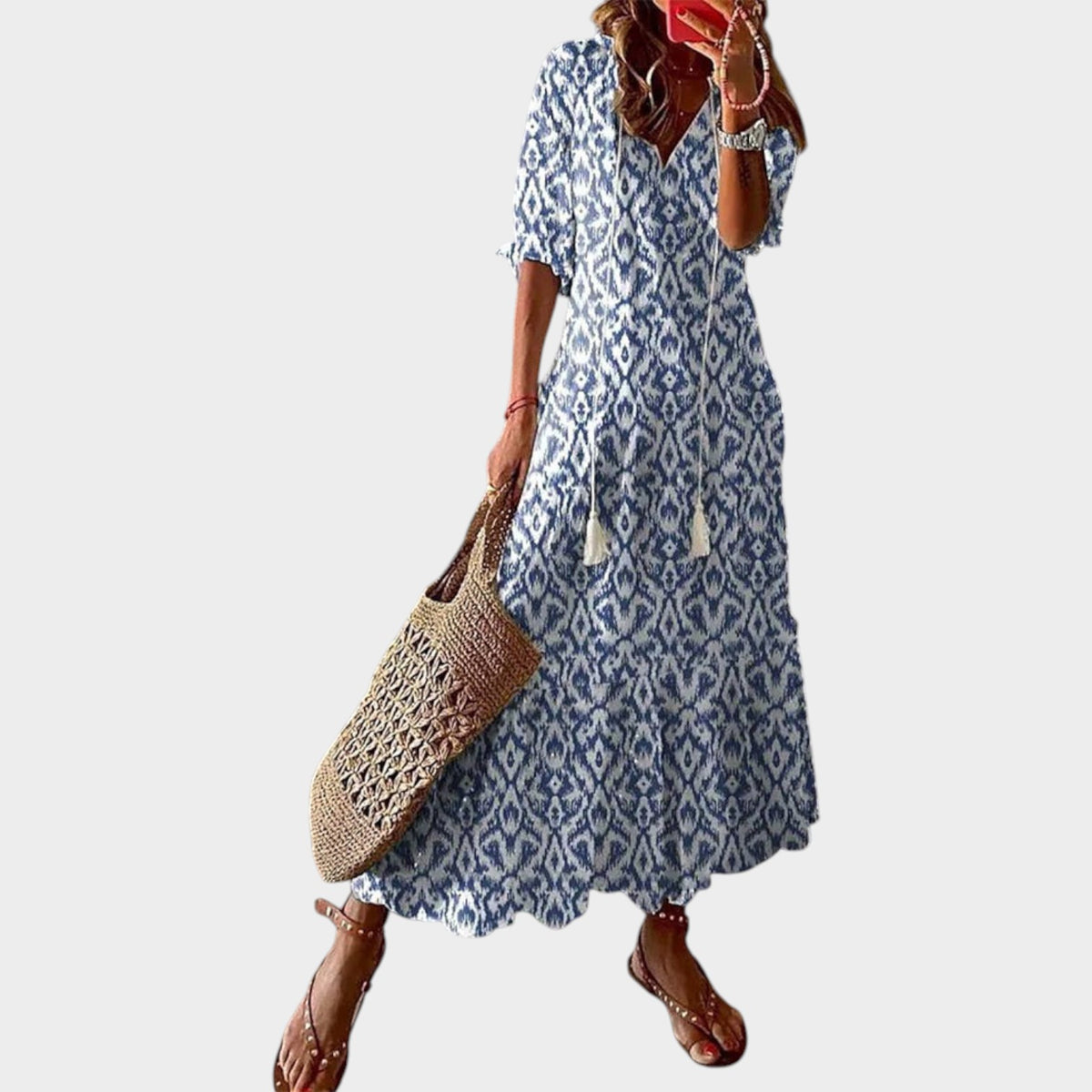 Women’s Maxi Dress Boho V-Neck Floral Print Tassel Detail