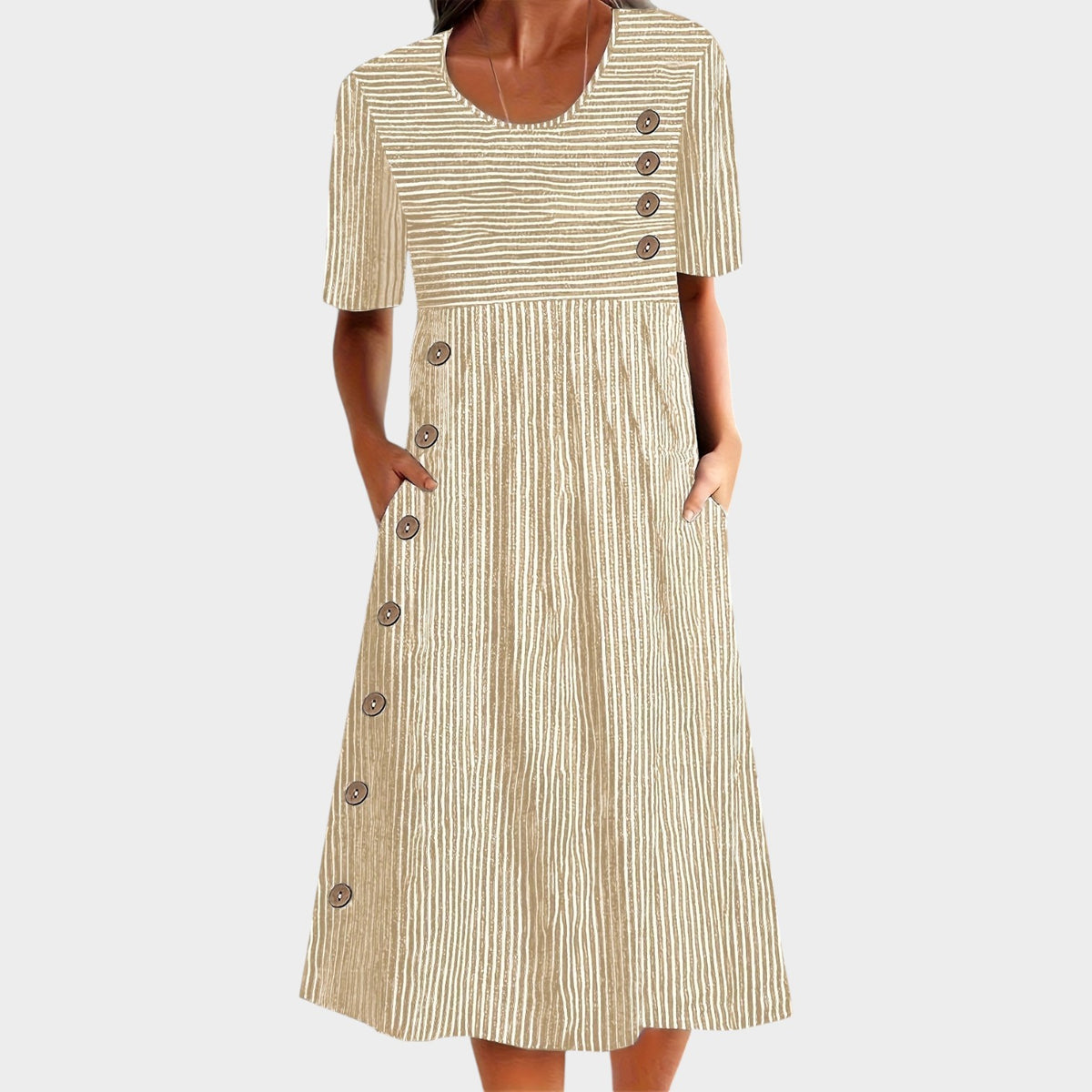 Women's Linen Midi Dress Stripped Short Sleeves