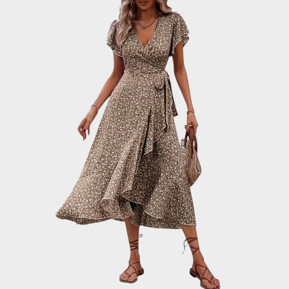 Women’s Floral Wrap Midi Dress with V-Neckline Short Sleeves