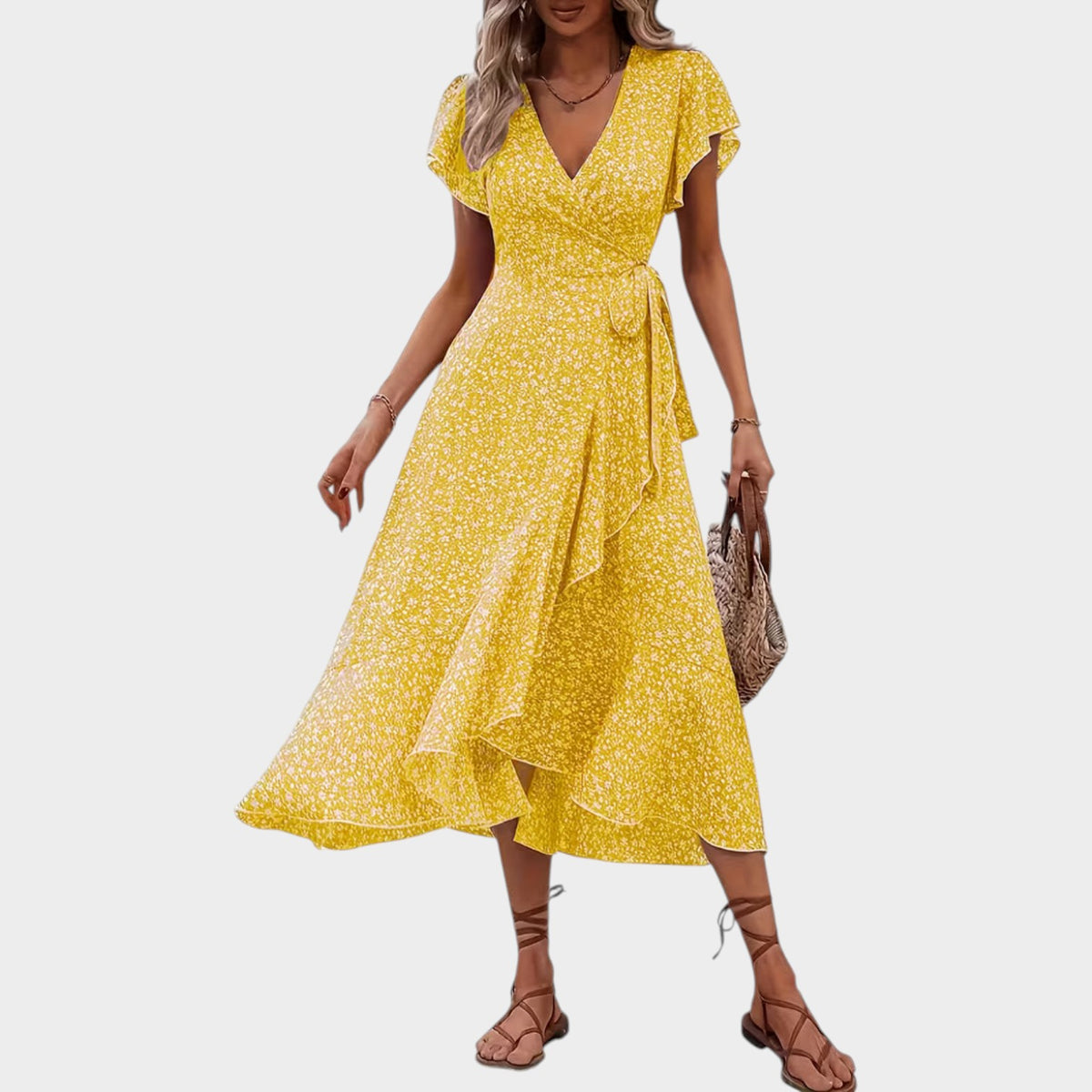 Women’s Floral Wrap Midi Dress with V-Neckline Short Sleeves