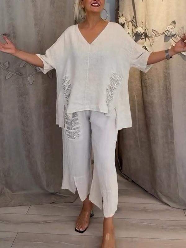Pearl | Women's Casual V-Neck Top and Cropped Pants 2-Piece Set