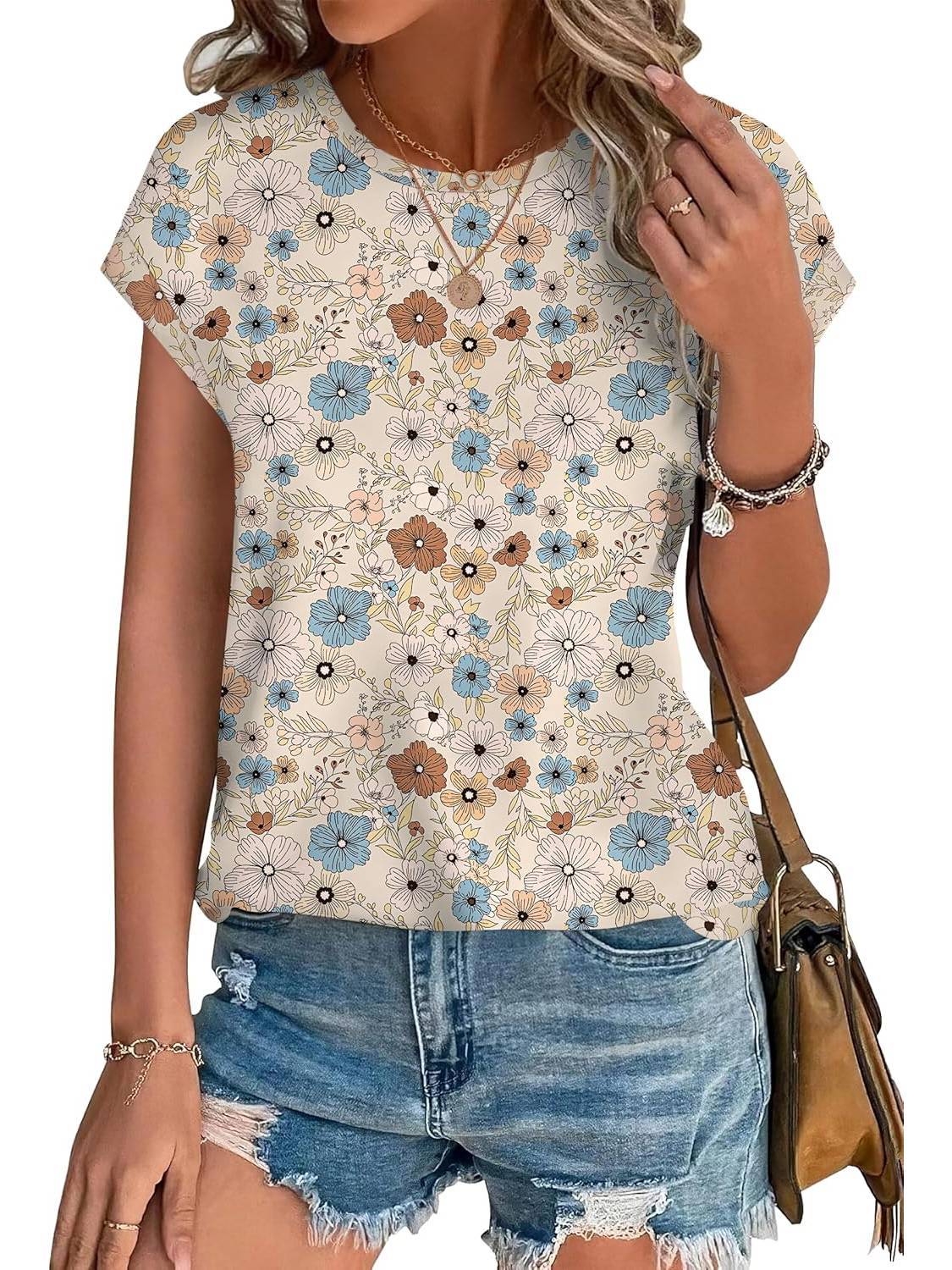 Meadow | Women's Casual Top with Leaf Print and Cap Sleeves