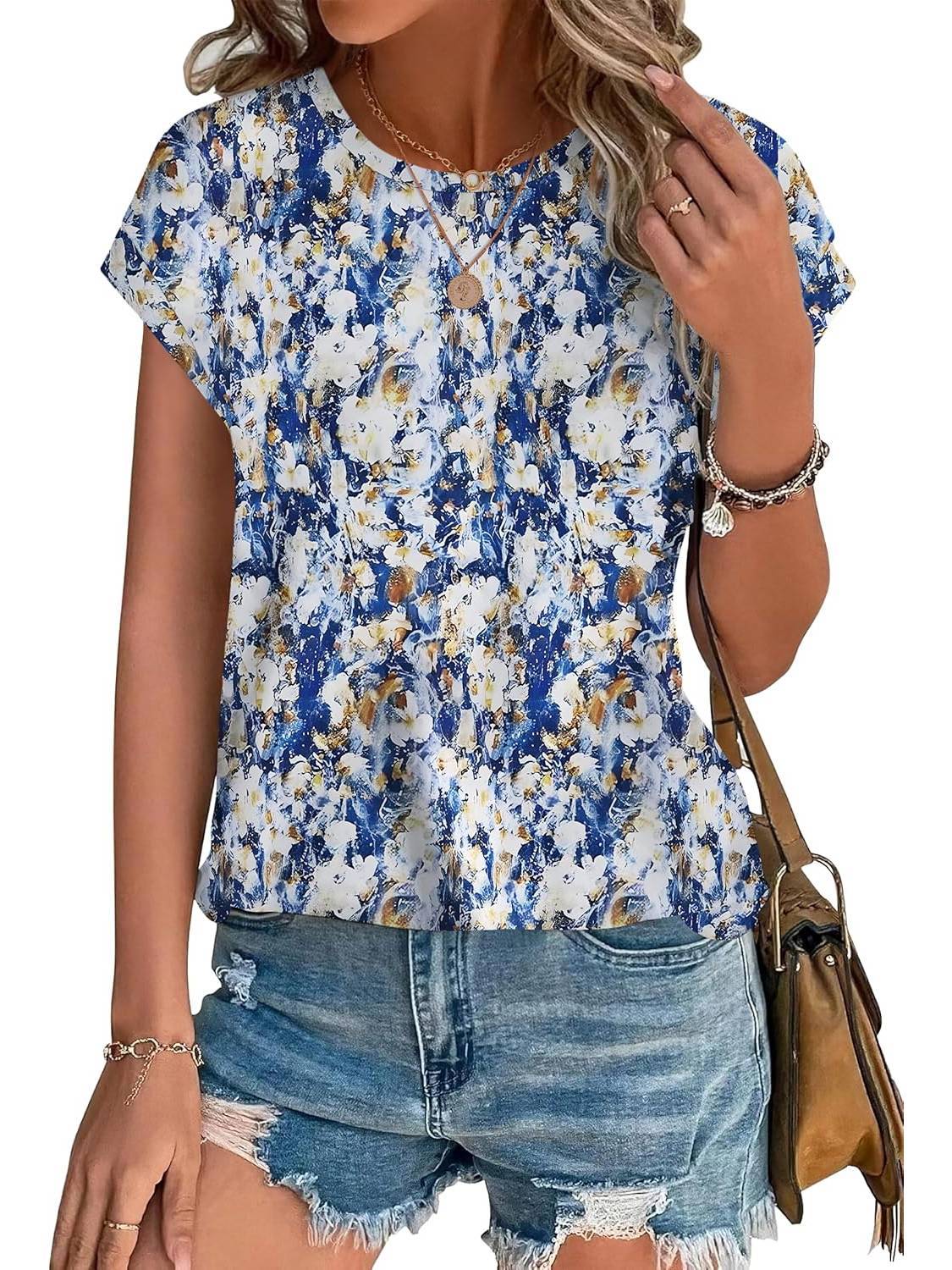 Meadow | Women's Casual Cap Sleeve Top with Leaf Print and Crew Neck