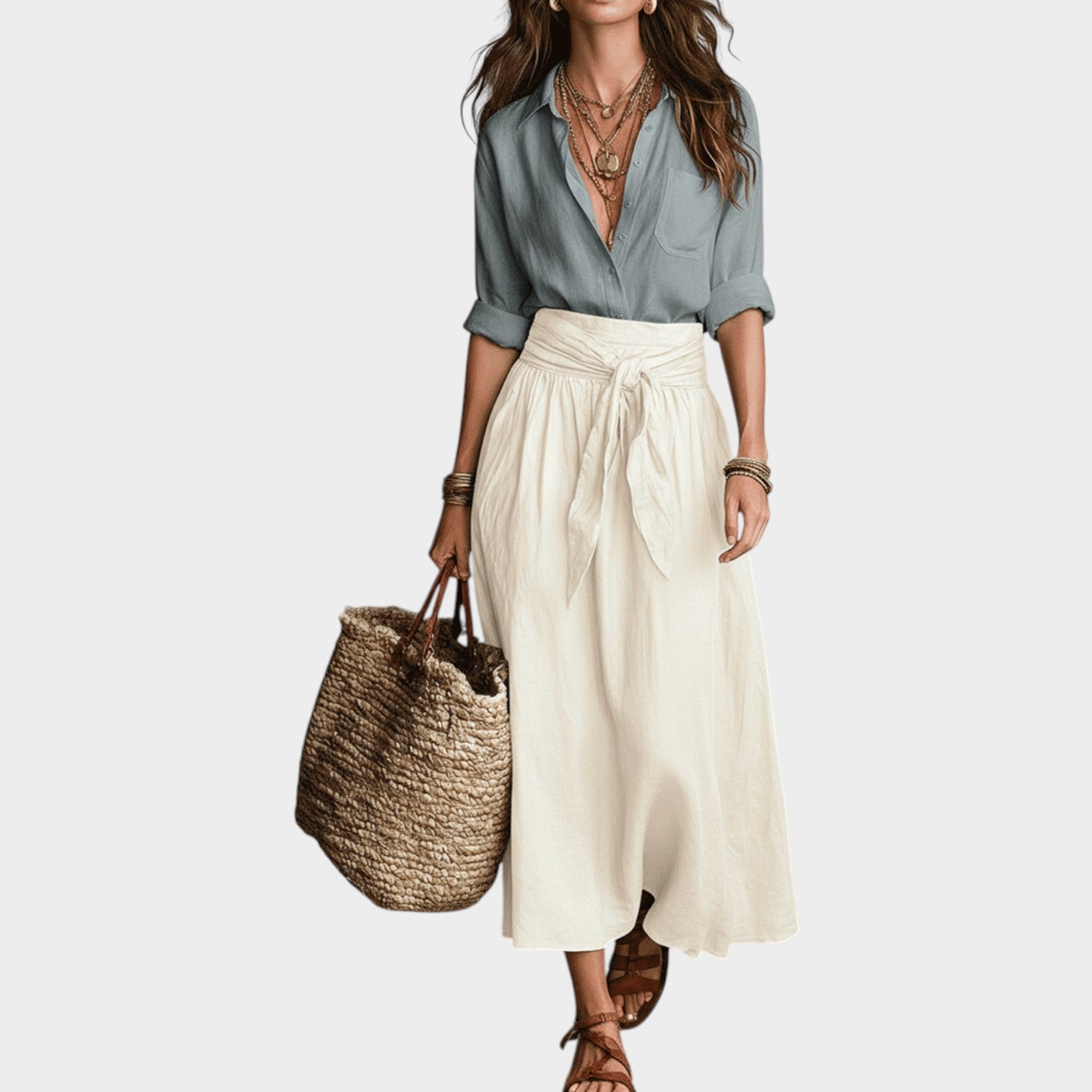 Linen Boho Two Piece Set Button Shirt & Maxi Skirt