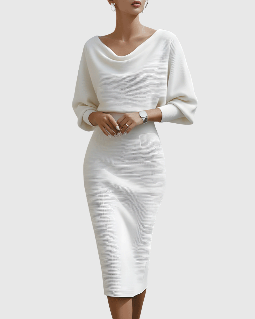 Vivienne | Women's Ribbed Midi Dress with Cowl Neck and Batwing Sleeves