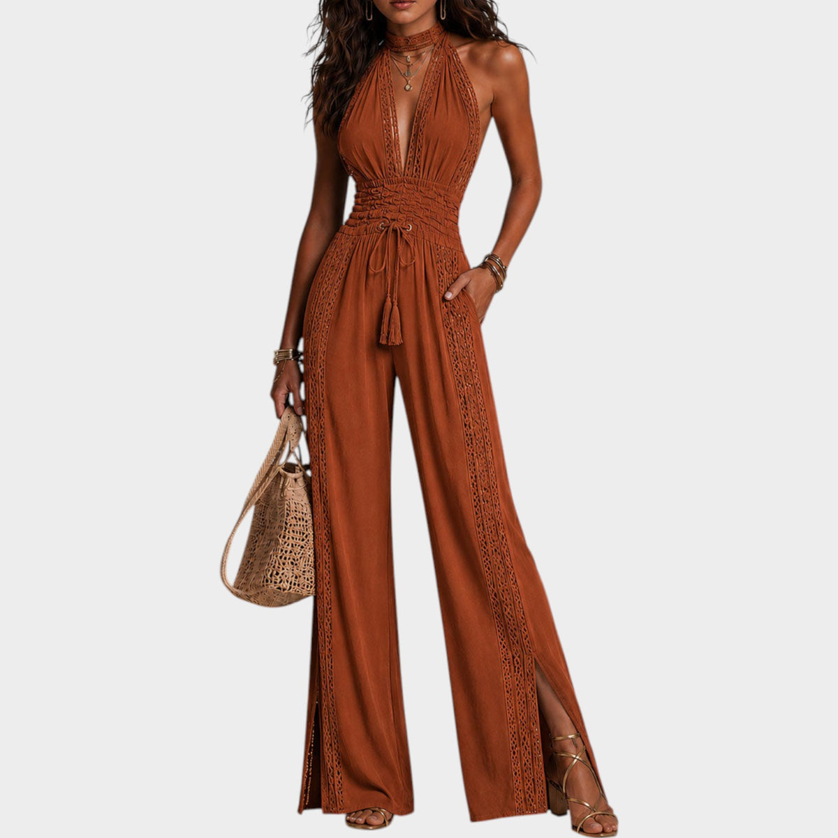 Women's Jumpsuit Boho Ruched Waist Wide-Leg Fit