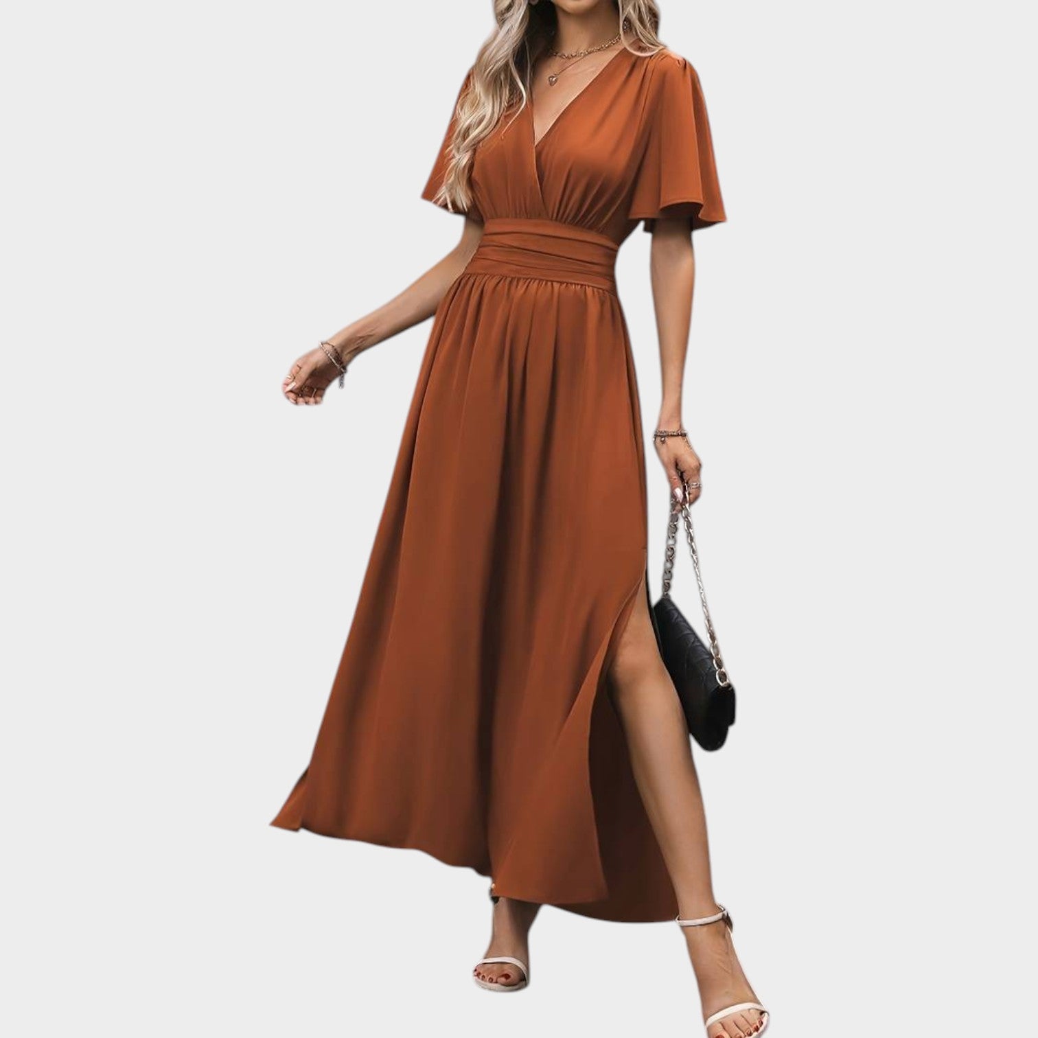 Formal V-Neck Flutter Sleeve Split Maxi Dress