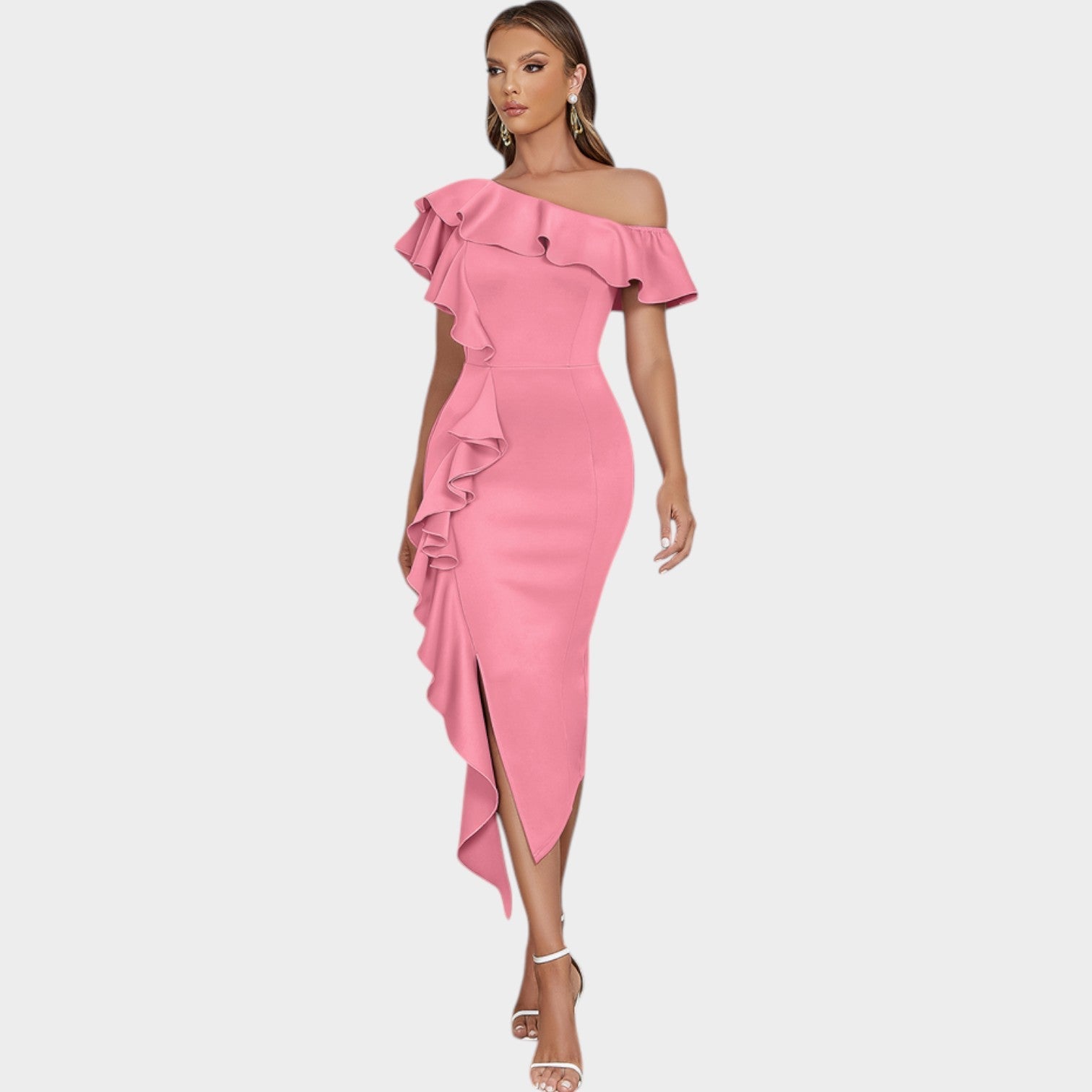 Ruffle Midi Off-Shoulder Wedding Guest Dress