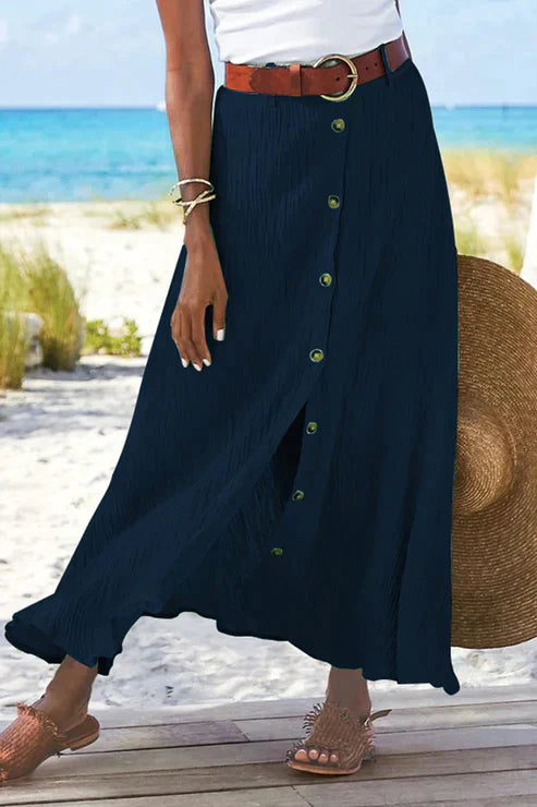 Coral Women's High-Waist Maxi Skirt with Button Front - Linen Style