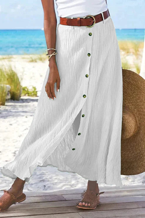 Coral Women's High-Waist Maxi Skirt with Button Front - Linen Style